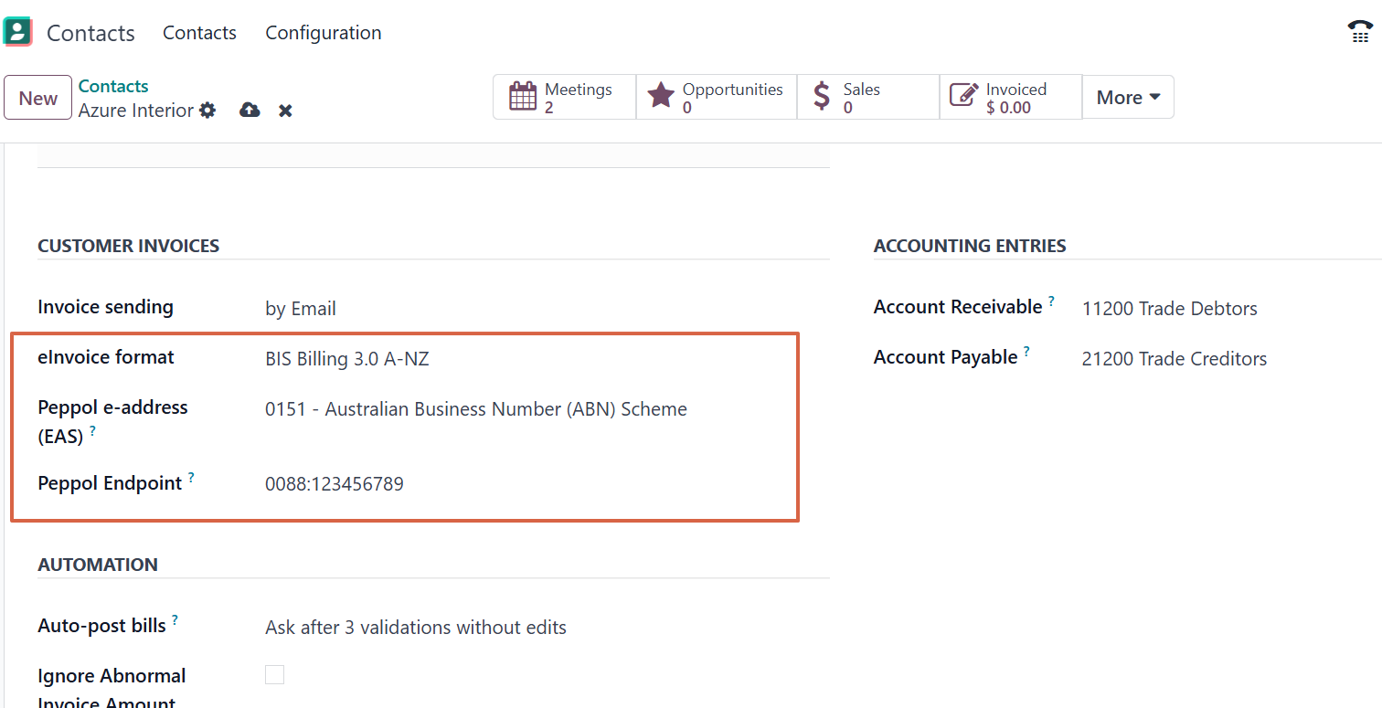 odoo screenshot showing how to configure the e-invoicing peppol endpoint on odoo