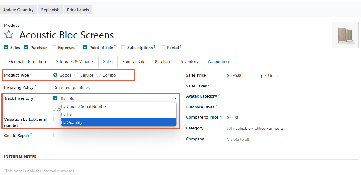 odoo v17 screen displaying the inventory tracking menu