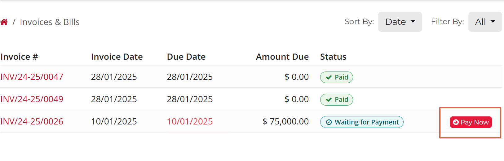 odoo customer portal showing invoices and their payment status