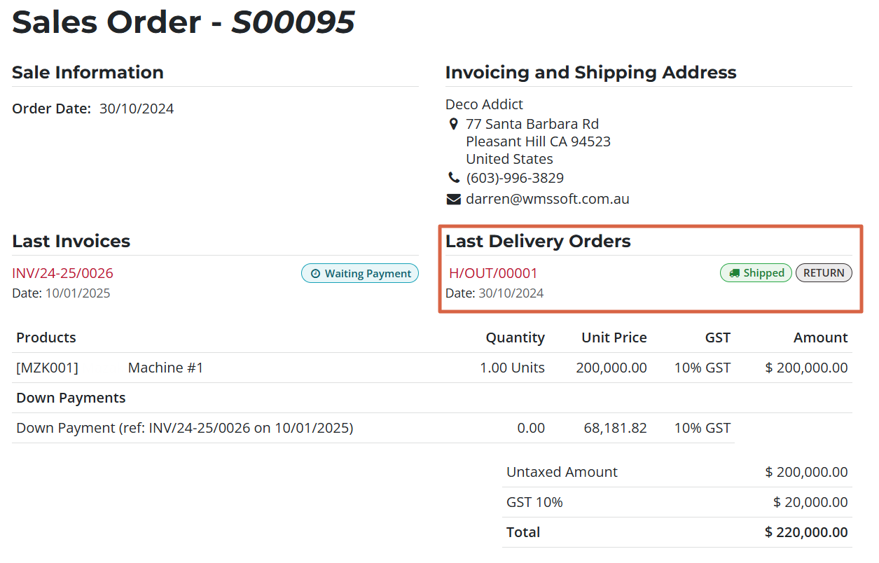 odoo online portal showing the delivery status of an order