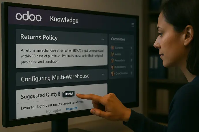 Knowledge Templates & Foldable Toggles – Create internal knowledge libraries using reusable sections and toggle layouts. Description: Organise documentation with collapsible sections and reusable templates. Real-Life Use Case: A growing warehouse team accesses a step-by-step “Returns Process” article with collapsible sections, making onboarding easier. Image Description: A digital knowledge base screen shows expandable/collapsible sections. Labels like “Returns Policy” and “Configuring Multi-Warehouse” fold out with clean formatting. A staff member marks an article as “Helpful.” Knowledge Templates & Foldable Toggles – Create internal knowledge libraries using reusable sections and toggle layouts. Description: Organise documentation with collapsible sections and reusable templates. Real-Life Use Case: A growing warehouse team accesses a step-by-step “Returns Process” article with collapsible sections, making onboarding easier. Image Description: A digital knowledge base screen shows expandable/collapsible sections. Labels like “Returns Policy” and “Configuring Multi-Warehouse” fold out with clean formatting. A staff member marks an article as “Helpful.”