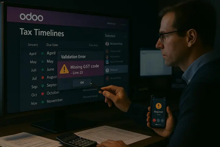 Tax Timelines & Validation Checks Visualise due dates and flag compliance issues in real time. Never miss a return date with timeline views and in-app validations. Imagine a manufacturing accountant receives a real-time alert about a missing GST code before lodging quarterly BAS, avoiding penalties. Tax Timelines & Validation Checks Visualise due dates and flag compliance issues in real time. Never miss a return date with timeline views and in-app validations. Imagine a manufacturing accountant receives a real-time alert about a missing GST code before lodging quarterly BAS, avoiding penalties.