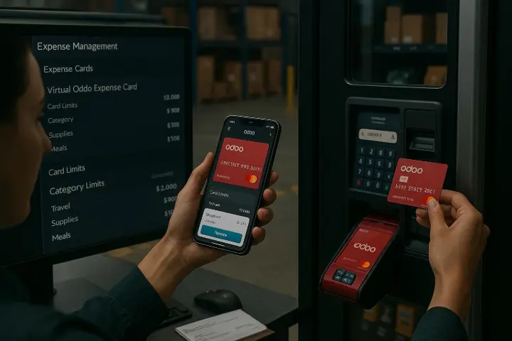 Virtual & Physical Expense Cards Empower employees with spending limits, digital and physical cards. Control staff expenses with category-specific limits and usage visibility. Imagine a floor supervisor uses a physical Odoo card at a local supplier while a procurement officer sets spending limits and approvals remotely. Virtual & Physical Expense Cards Empower employees with spending limits, digital and physical cards. Control staff expenses with category-specific limits and usage visibility. Imagine a floor supervisor uses a physical Odoo card at a local supplier while a procurement officer sets spending limits and approvals remotely.