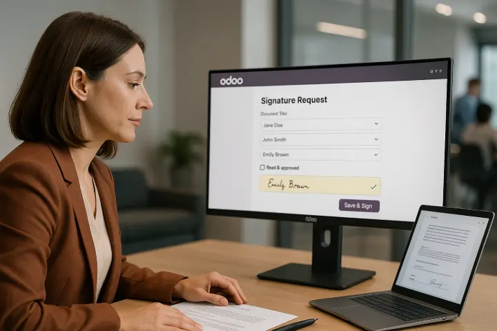 Sign App Reimagined Odoo’s revamped Sign module now supports multi-document envelopes, multiple signers, and custom field types like checkboxes and selection menus — all with a cleaner, faster user interface. /IMAGE Say goodbye to clunky signature processes. Imagine a service-based engineering company previously juggled PDFs and third-party tools to handle contract signatures. With Odoo 19’s upgraded Sign module, they onboard clients with templated agreements, multi-party fields, and automated notifications — reducing document turnaround times from 3 days to 30 minutes. • Multi-document envelopes • Clean UX for multiple signers • Custom field types like checkboxes, dropdowns, and formatted text Ideal for HR, finance, legal, and client onboarding — all built into your ERP. Sign App Reimagined Odoo’s revamped Sign module now supports multi-document envelopes, multiple signers, and custom field types like checkboxes and selection menus — all with a cleaner, faster user interface. /IMAGE Say goodbye to clunky signature processes. Imagine a service-based engineering company previously juggled PDFs and third-party tools to handle contract signatures. With Odoo 19’s upgraded Sign module, they onboard clients with templated agreements, multi-party fields, and automated notifications — reducing document turnaround times from 3 days to 30 minutes. • Multi-document envelopes • Clean UX for multiple signers • Custom field types like checkboxes, dropdowns, and formatted text Ideal for HR, finance, legal, and client onboarding — all built into your ERP.