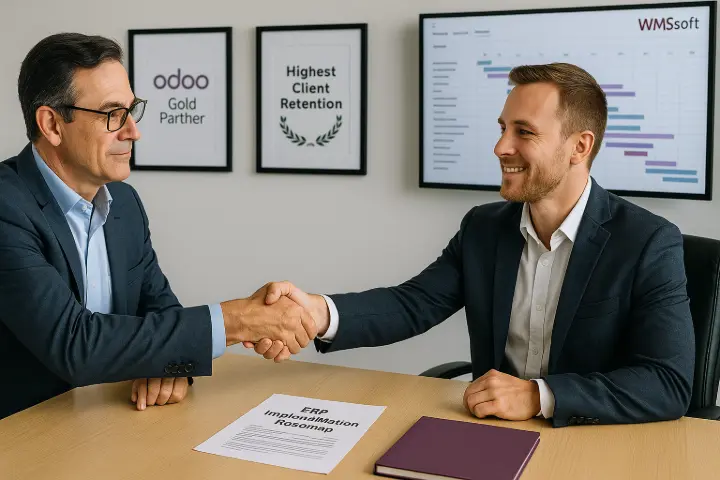 “Why WMSSoft Is Australia’s Trusted Odoo Leader” Case Scenario: A Melbourne-based FMCG company was struggling with disconnected systems across finance, warehousing, and eCommerce. After switching to WMSSoft, they received a tailored Fast Track Implementation plan, weekly executive dashboards, and hands-on support from a certified local team. Within 90 days, the business achieved full visibility across all departments — boosting decision-making and saving 15+ admin hours weekly. Description: A confident business owner shakes hands with a WMSSoft consultant, sealing an ERP roadmap agreement. Behind them, certifications and accolades affirm WMSSoft’s unmatched retention rate, satisfaction levels, and credibility as Australia’s most trusted Odoo Enterprise partner. “Why WMSSoft Is Australia’s Trusted Odoo Leader” Case Scenario: A Melbourne-based FMCG company was struggling with disconnected systems across finance, warehousing, and eCommerce. After switching to WMSSoft, they received a tailored Fast Track Implementation plan, weekly executive dashboards, and hands-on support from a certified local team. Within 90 days, the business achieved full visibility across all departments — boosting decision-making and saving 15+ admin hours weekly. Description: A confident business owner shakes hands with a WMSSoft consultant, sealing an ERP roadmap agreement. Behind them, certifications and accolades affirm WMSSoft’s unmatched retention rate, satisfaction levels, and credibility as Australia’s most trusted Odoo Enterprise partner.