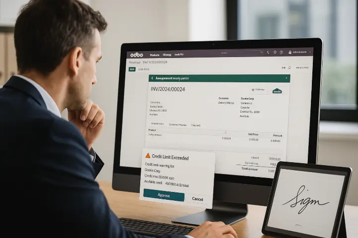 “Auto-Invoicing and Credit Control in Action” Case Scenario: A national distributor in Brisbane needed tighter controls over credit approvals and faster invoicing. WMSSoft implemented their Auto-Invoice on Delivery and Credit Limit Approval tools. Sales reps could now generate invoices the moment goods were delivered — with credit limits enforced by role-based thresholds. The company saw a 35% improvement in DSO (Days Sales Outstanding) within two months. Description: On screen, an Odoo auto-generated invoice is posted while a credit approval warning ensures control — backed by a digital signature tool. This scene showcases a real-time, secure, and policy-driven finance workflow made possible by WMSSoft’s add-ons. “Auto-Invoicing and Credit Control in Action” Case Scenario: A national distributor in Brisbane needed tighter controls over credit approvals and faster invoicing. WMSSoft implemented their Auto-Invoice on Delivery and Credit Limit Approval tools. Sales reps could now generate invoices the moment goods were delivered — with credit limits enforced by role-based thresholds. The company saw a 35% improvement in DSO (Days Sales Outstanding) within two months. Description: On screen, an Odoo auto-generated invoice is posted while a credit approval warning ensures control — backed by a digital signature tool. This scene showcases a real-time, secure, and policy-driven finance workflow made possible by WMSSoft’s add-ons.
