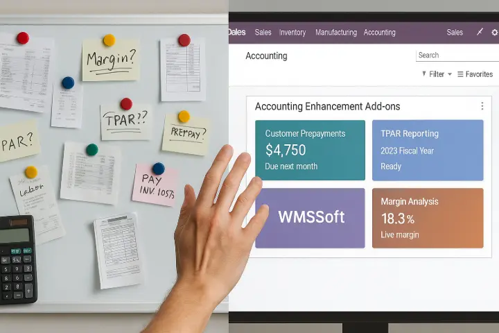 “Accounting Enhancement Add-ons — Built for Business” Case Scenario: An Adelaide metal fabrication company was drowning in manual reconciliations and inconsistent statements. WMSSoft deployed their Accounting Enhancement Add-ons suite, enabling live margin reporting, integrated prepayments, and TPAR compliance. Within weeks, the finance team had cut month-end processing by 60% and eliminated errors in contractor payments. Description: A visual comparison between chaos and clarity — manual systems vs. WMSSoft’s sleek ERP dashboard. The transition is captured by a hand reaching toward automation, symbolising how the right tools can revolutionise back-office operations. “Accounting Enhancement Add-ons — Built for Business” Case Scenario: An Adelaide metal fabrication company was drowning in manual reconciliations and inconsistent statements. WMSSoft deployed their Accounting Enhancement Add-ons suite, enabling live margin reporting, integrated prepayments, and TPAR compliance. Within weeks, the finance team had cut month-end processing by 60% and eliminated errors in contractor payments. Description: A visual comparison between chaos and clarity — manual systems vs. WMSSoft’s sleek ERP dashboard. The transition is captured by a hand reaching toward automation, symbolising how the right tools can revolutionise back-office operations.