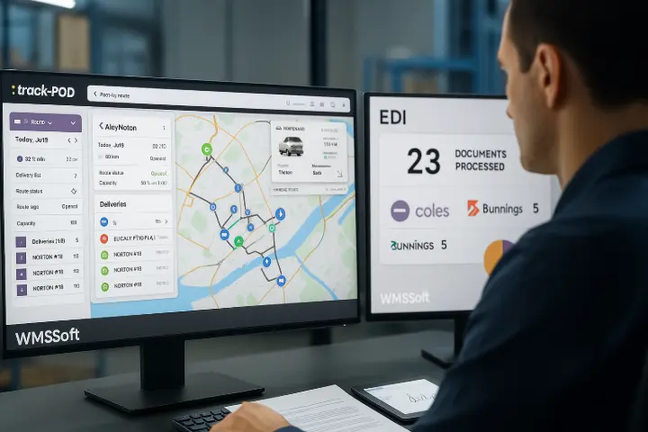“Track-POD + EDI — Seamless Integration for Logistics” Case Scenario: A Sydney-based third-party logistics (3PL) company needed real-time visibility into deliveries and automated communications with national retailers. WMSSoft implemented a Track-POD integration and a custom EDI connector — enabling seamless proof-of-delivery and error-free invoice submission to Coles and Bunnings. The result: faster payments, fewer chargebacks, and happier clients. Description: A sleek logistics control room displays Track-POD routing, live vehicle data, and EDI flows to major retail systems. This image demonstrates how WMSSoft bridges field and office with seamless, real-time logistics integration. “Track-POD + EDI — Seamless Integration for Logistics” Case Scenario: A Sydney-based third-party logistics (3PL) company needed real-time visibility into deliveries and automated communications with national retailers. WMSSoft implemented a Track-POD integration and a custom EDI connector — enabling seamless proof-of-delivery and error-free invoice submission to Coles and Bunnings. The result: faster payments, fewer chargebacks, and happier clients. Description: A sleek logistics control room displays Track-POD routing, live vehicle data, and EDI flows to major retail systems. This image demonstrates how WMSSoft bridges field and office with seamless, real-time logistics integration.