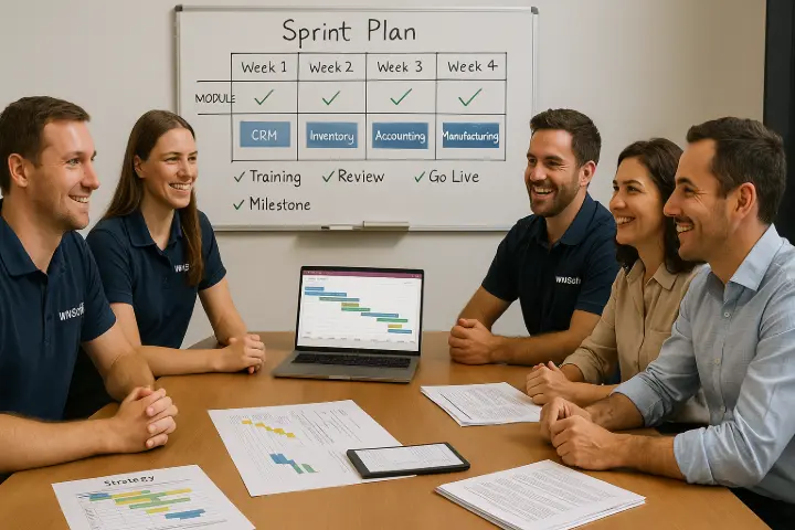 The WMSSoft Fast Track Promise” Case Scenario: A growing manufacturing business in regional Victoria needed an ERP to support scaling production, quoting, and purchasing. WMSSoft applied their 200+ hour Fast Track methodology — with scoped modules, training sprints, and milestone reviews. They launched on time and under budget with automated MRP, BOM costing, and consolidated invoicing. Description: A whiteboard sprint plan, strategy documents, and an energised project team reflect the discipline behind WMSSoft’s Fast Track ERP Implementation. Every hour is accounted for — and every milestone is designed for success. The WMSSoft Fast Track Promise” Case Scenario: A growing manufacturing business in regional Victoria needed an ERP to support scaling production, quoting, and purchasing. WMSSoft applied their 200+ hour Fast Track methodology — with scoped modules, training sprints, and milestone reviews. They launched on time and under budget with automated MRP, BOM costing, and consolidated invoicing. Description: A whiteboard sprint plan, strategy documents, and an energised project team reflect the discipline behind WMSSoft’s Fast Track ERP Implementation. Every hour is accounted for — and every milestone is designed for success.