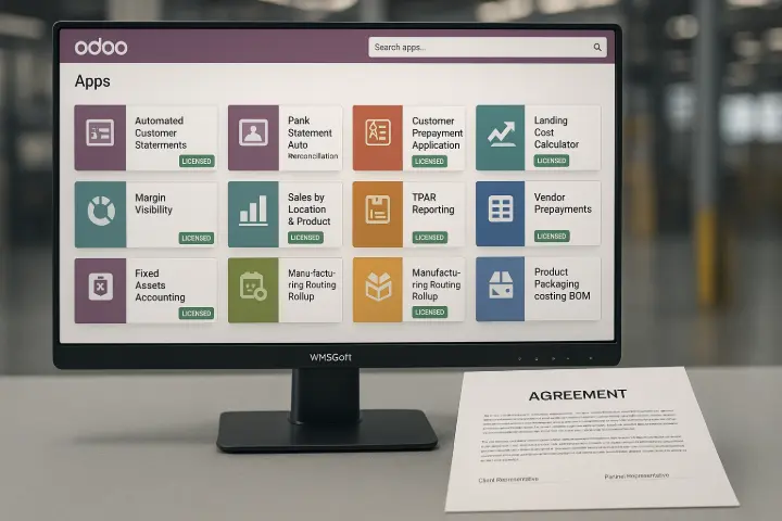 “Retaining Strategic Advantage with Exclusive WMSSoft Tools” Case Scenario: An electronics wholesaler in Perth switched from WMSSoft to a cheaper implementation firm. Within weeks, they lost access to licensed features like automated customer statements and vendor prepayments — impacting reconciliation and compliance. The business quickly returned to WMSSoft, realising the strategic value of proprietary enhancements that can’t be copied or replaced. Description: A clean Odoo UI reveals a library of exclusive WMSSoft modules, each marked “Licensed.” In the foreground, a formal agreement reinforces that these tools remain with you — only while you remain with Australia’s most capable ERP partner. “Retaining Strategic Advantage with Exclusive WMSSoft Tools” Case Scenario: An electronics wholesaler in Perth switched from WMSSoft to a cheaper implementation firm. Within weeks, they lost access to licensed features like automated customer statements and vendor prepayments — impacting reconciliation and compliance. The business quickly returned to WMSSoft, realising the strategic value of proprietary enhancements that can’t be copied or replaced. Description: A clean Odoo UI reveals a library of exclusive WMSSoft modules, each marked “Licensed.” In the foreground, a formal agreement reinforces that these tools remain with you — only while you remain with Australia’s most capable ERP partner.