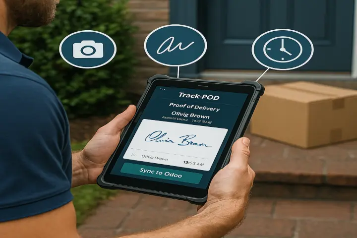 2. Electronic Proof of Delivery (ePOD) Capture digital signatures, photos, and timestamps at delivery points. Instantly sync this data with Odoo Sales or Inventory for bulletproof accountability and faster billing. Capture digital signatures, photos, and timestamps—synced instantly with your ERP. Imagine Allworld Manufacturing faced frequent delivery disputes on returned goods. With ePOD now digitised, each delivery is confirmed with a photo, timestamp, and signature—automatically logged in Odoo—reducing customer service calls by half and eliminating false claims. 2. Electronic Proof of Delivery (ePOD) Capture digital signatures, photos, and timestamps at delivery points. Instantly sync this data with Odoo Sales or Inventory for bulletproof accountability and faster billing. Capture digital signatures, photos, and timestamps—synced instantly with your ERP. Imagine Allworld Manufacturing faced frequent delivery disputes on returned goods. With ePOD now digitised, each delivery is confirmed with a photo, timestamp, and signature—automatically logged in Odoo—reducing customer service calls by half and eliminating false claims.