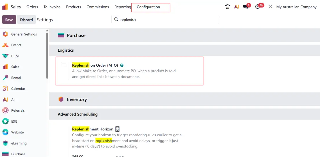 Odoo Make-To-Order route configuration for efficient replenishment.