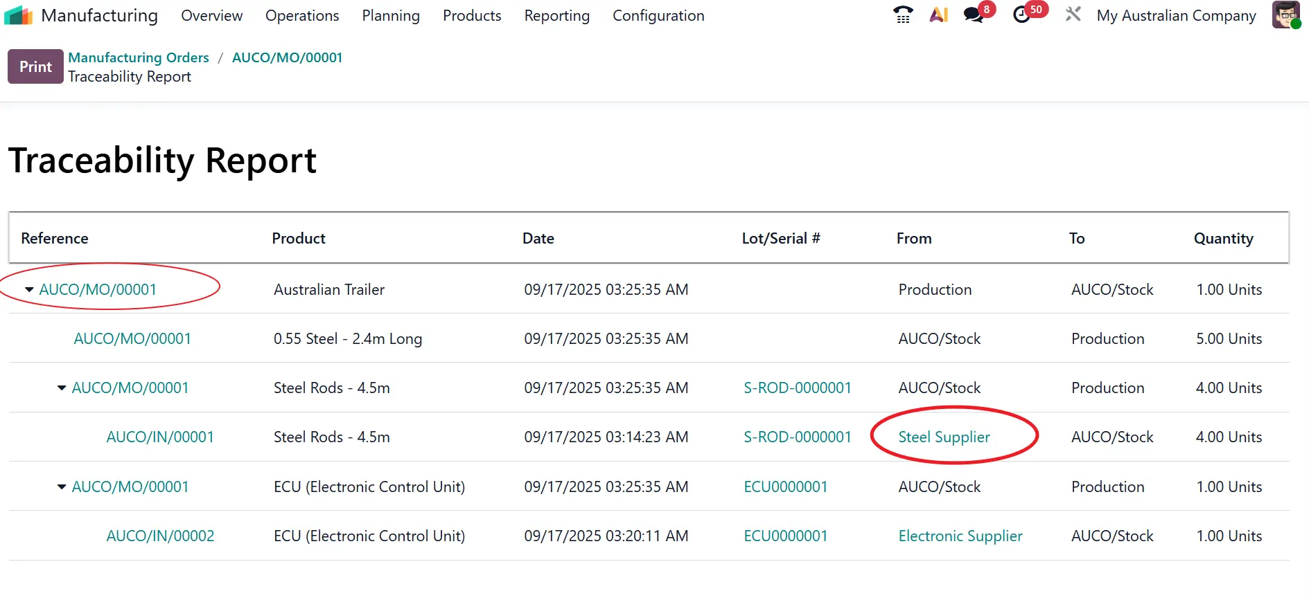 Odoo traceability report showing vendor, customer, and warehouse details.