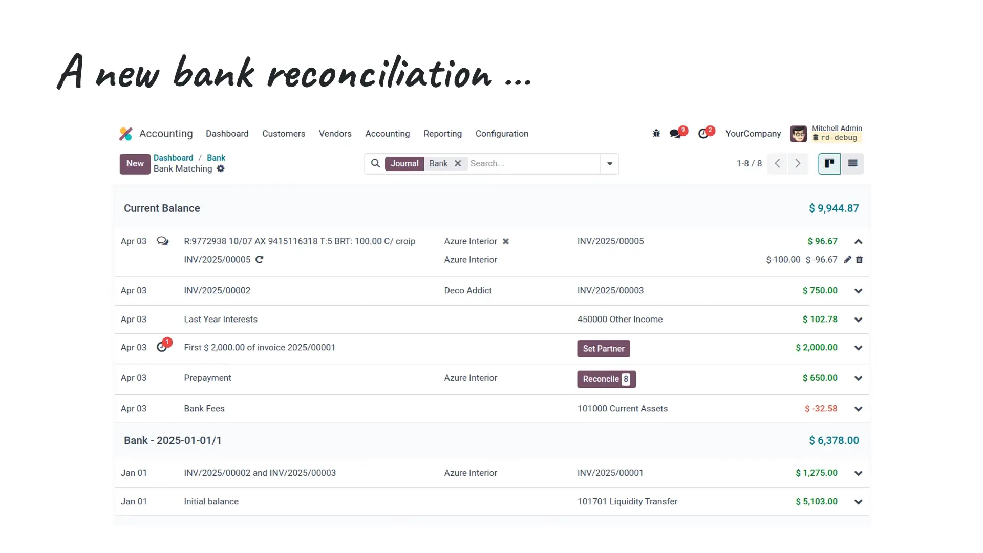 Odoo v19 screen displaying the new bank reconciliation feature