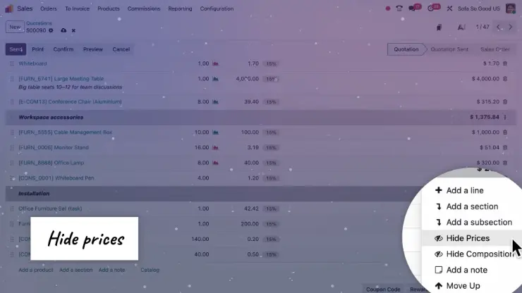 odoo v19 showing how to hide prices