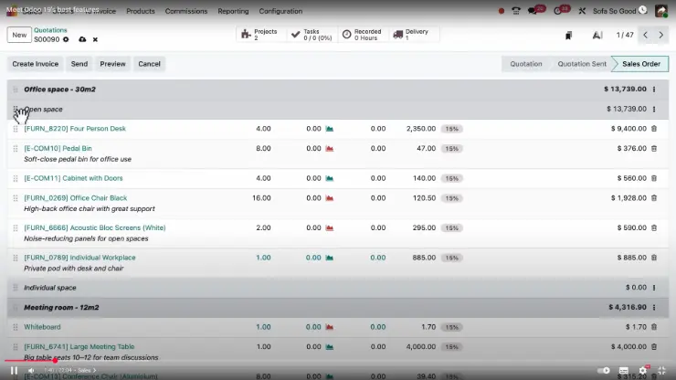 Odoo v19 Sale order screen which displays the new sub sectional capability.