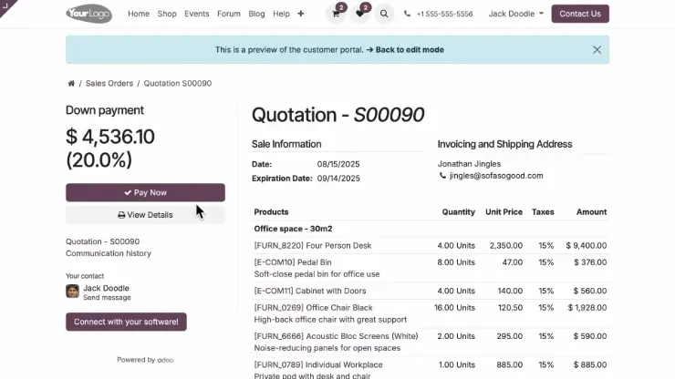 Odoo v19 downpayment on the customer portal