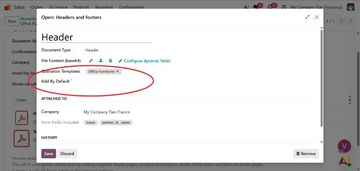 odoo v19 default header on the quotation template configuration screen