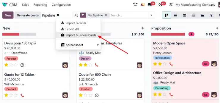 odoo screen showing the scanning of business cards